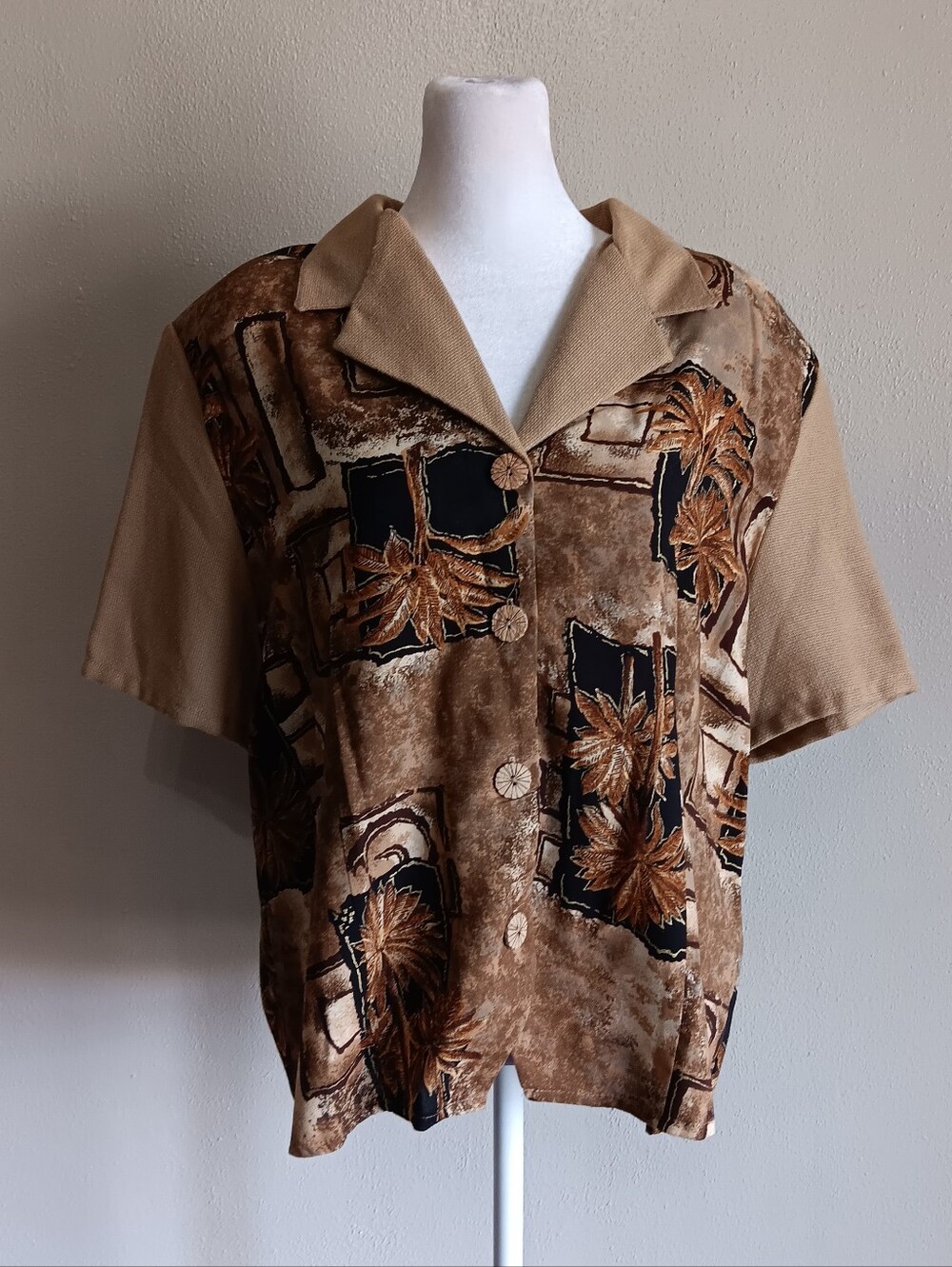 90s Vintage XL Tropical Palm Print Button Up Shirt Brown & Black, Woven Sleeve
